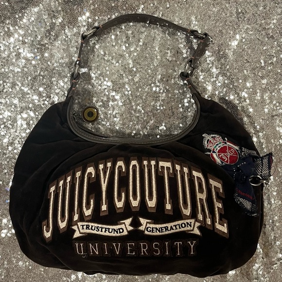 RARE VINTAGE Juicy Couture Trust Fund Brown Velvet 'University' Embroidered Hobo - Picture 5 of 15
